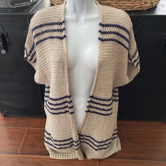 Coldwater Creek Cream Navy Striped Chunky Knit Cap Sleeve Open Cardigan XL - Picture 1 of 8